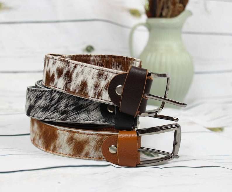 Cowhide hair on leather handmade belt for men and Women.