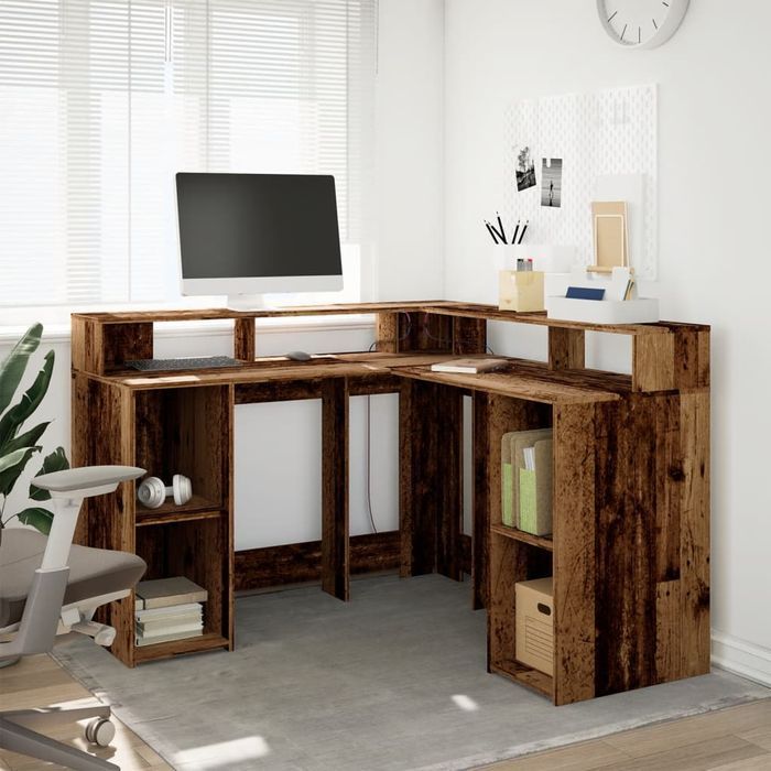 Vidaxl Biurko Z Podświetleniem Led, Stare Drewno, 130X130X91 Cm
