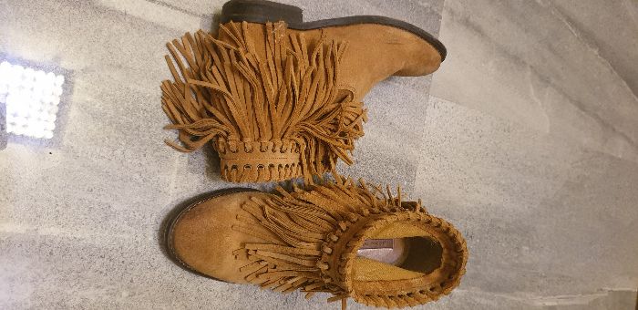 ZARA r. 36 botki skóra naruralna zamszowa camel frędzle boho kowbojki