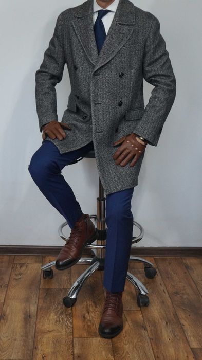 Płaszcz Dwurzędowy Massimo Dutti Wełna Rozmiar 46 175/92 Szary Jodełka