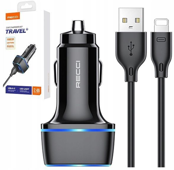Szybka Ładowarka Samochodowa Usb Led 2.4A + Kabel Lightning Do Iphone