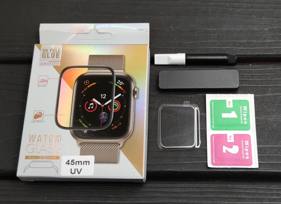 Стекло изогнутое на Apple Watch 41 mm/ 45 mm УФ клей. Прозрачное скло
