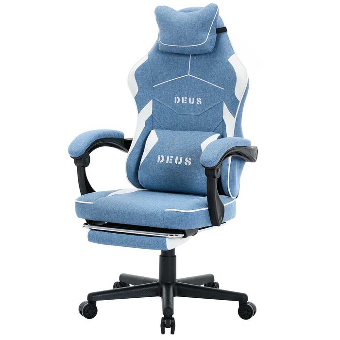 Fotel gamingowy DEUS EDGE – Jasny błękit, pełna wygoda i podnóżek