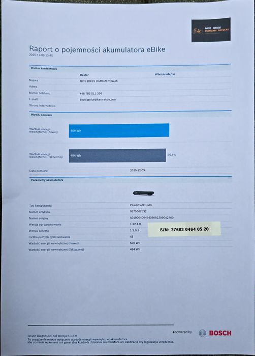 Bateria Akumulator BOSCH POWERPACK 500Wh na bagażnik 45 cykli 97% spra