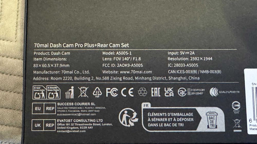 kamera samochodowa 70mai A500S + tylna RC06 + 128GB wideorejestrator