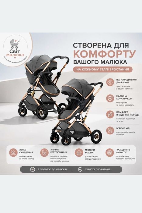 Дитяча коляска 3в1, сіра, стильна та зручна