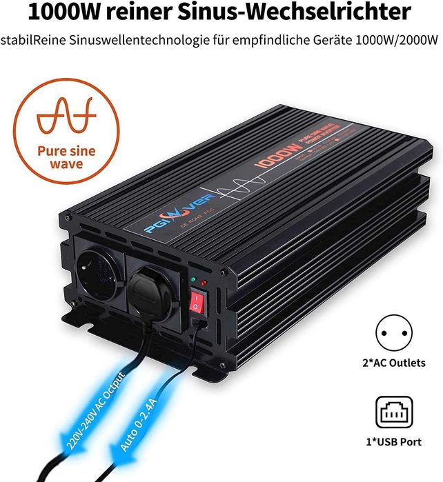 Новий Інвертор PGINVER 1000Вт/2000Вт чистий синус 12 В на 230 В