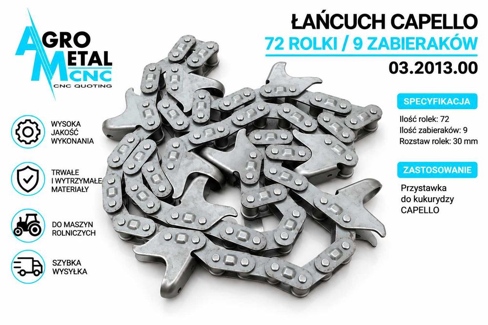Łańcuch wciągający przystawki do kukurydzy CAPELLO – 72 rolki / 9 zabieraków – 03.2013.00