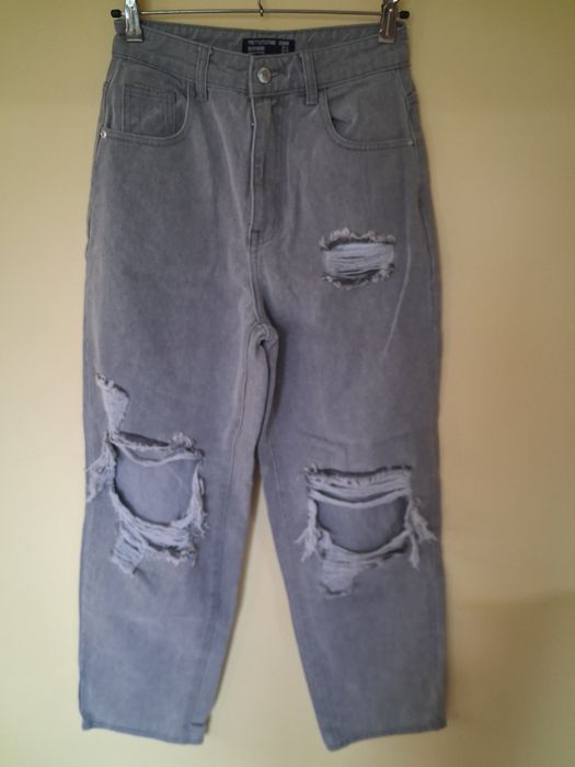 Szare boyfriend jeansy z rozdarciami wysoki stan XXS 32 Prettylittleth