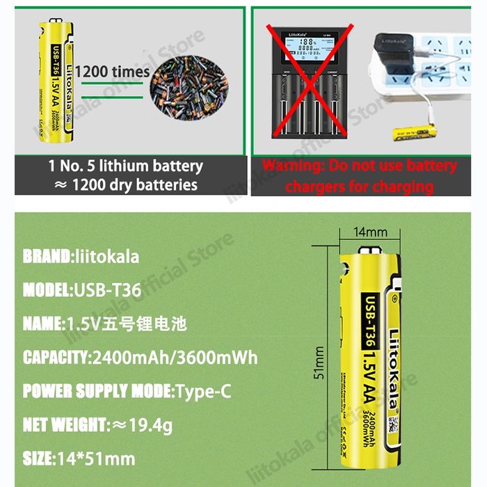 Аккумулятор АА LiitoKala USB Type-C 1.5V Li-Ion 2400mAh / 3500 mWh