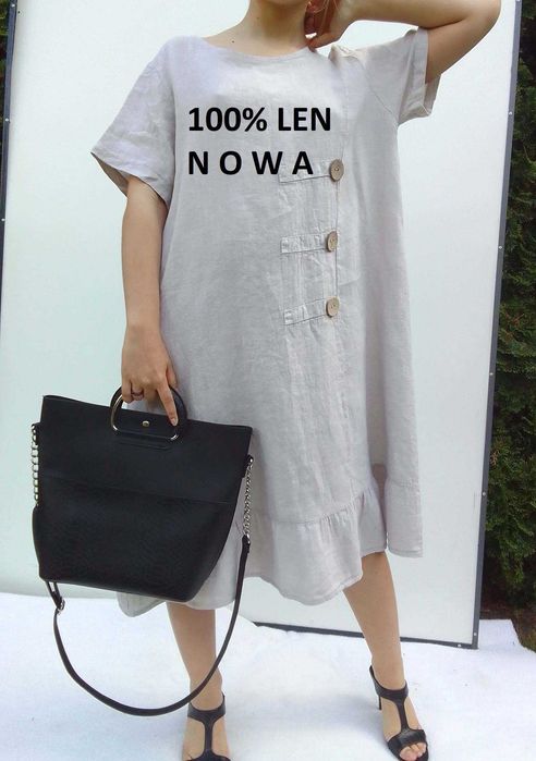 Nowa lniana swobodna sukienka 100% len puro lino S M L XL uniwersalna