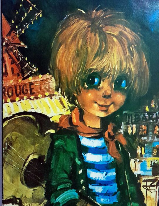 Quadro impressão dos anos 70 "Le Guitariste" em bloco de madeira