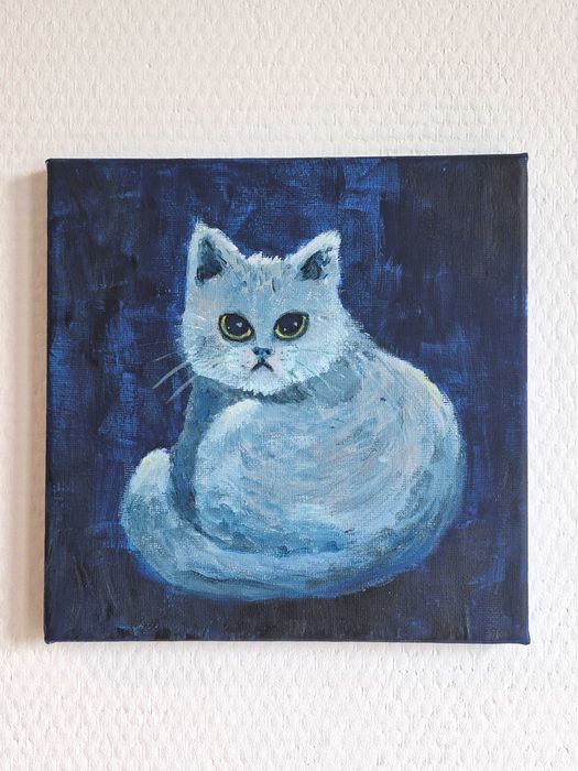 Ręcznie malowany obrazek z kotkiem akryl na płótnie 20x20 cm