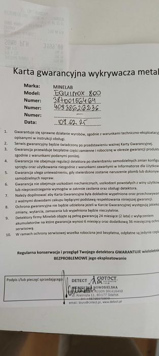 Minelab equinox 800 gwarancja