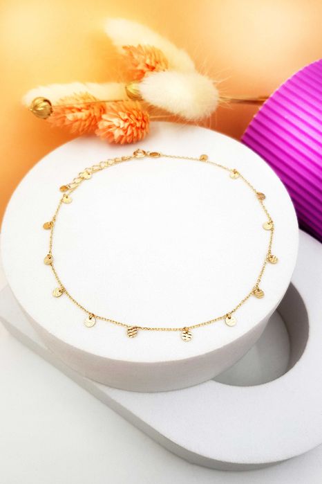 Złota bransoletka na nogę z diamentowanymi blaszkami 26cm pr.585