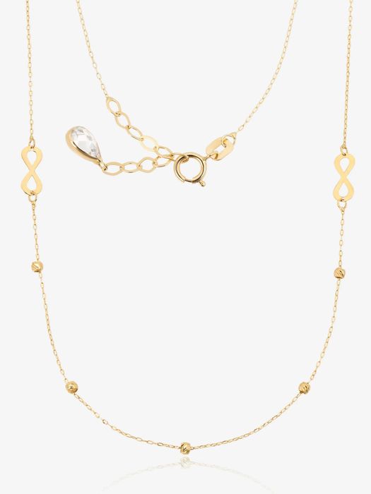 Złoty naszyjnik celebrytka 585 nieskończoność i diamentowane kulki