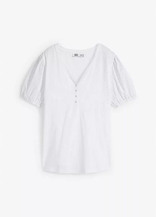 B.P.C t-shirt damski biały z rękawami z ażurowym haftem 36/38.
