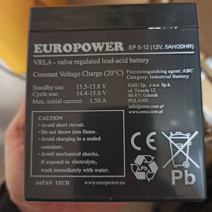 Akumulator nowy 12V 5Ah EUROPOWER EP 5-12