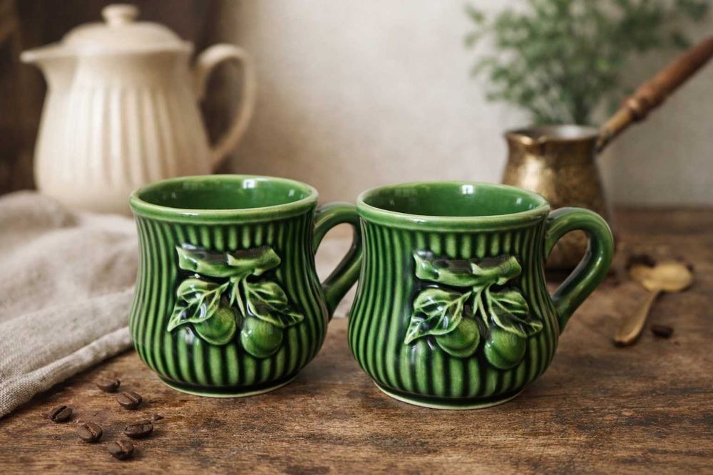 Conjunto 2 Chávenas Vintage Verdes em Cerâmica com Relevo Frutas