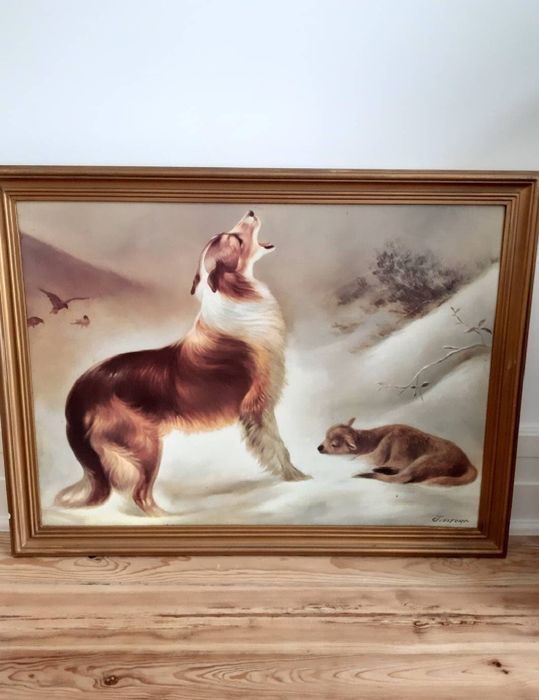 Painting Featuring a Dog and a Lamb in the Snow64584403536257121