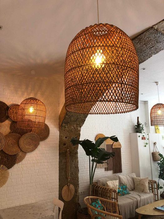 Abajur para candeeiro de teto ratã com acabamento natural