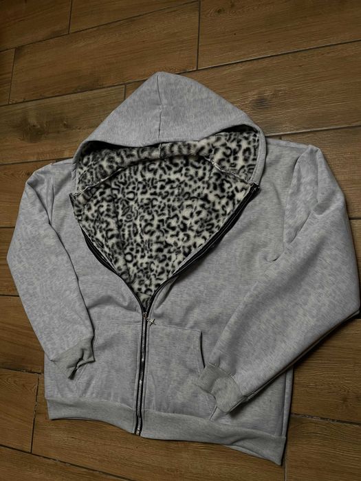 Grey Reversible Leopard Zip Hoodie L