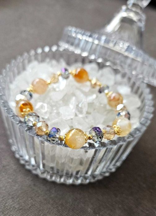 Pulseira de cristal amarelo natural e grãos de cristal austríaco