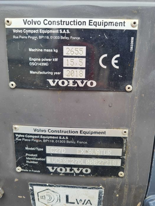 Minikoparka VOLVO EC27D, rok 2018