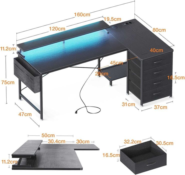 Mesa de gaming secretária preta com LED vários acessórios [2 tamanhos]