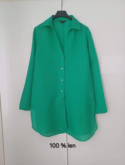 Massimo Dutti 100% len lniana koszula oversize zielona dłuższa rozcięcia