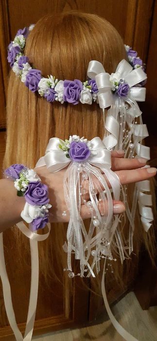 Wianek komunijny biało fioletowy zestaw
