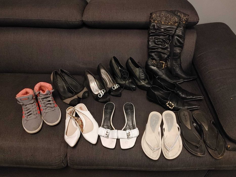 Buty 10 par Adidas, kozaki, japonki, klapki, botki, czółenka, szpilki