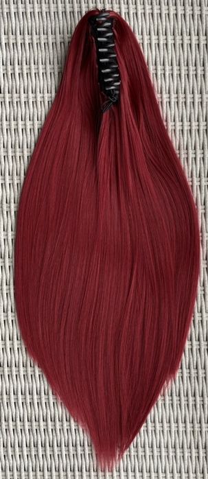 Premium Ultra włosy doczepiane, burgund, kucyk, treska, klamra 143.