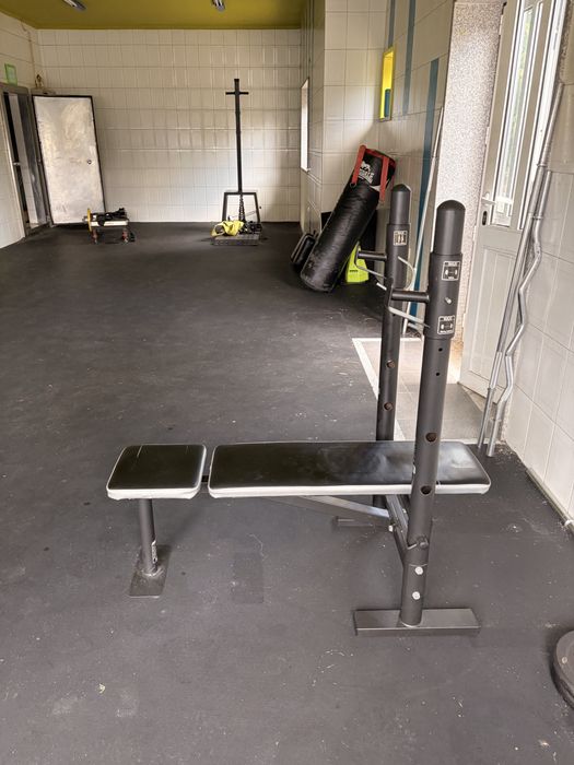 Pack Musculação Domyos: Banco de Supino Regulável + Barras + Discos em Ferro