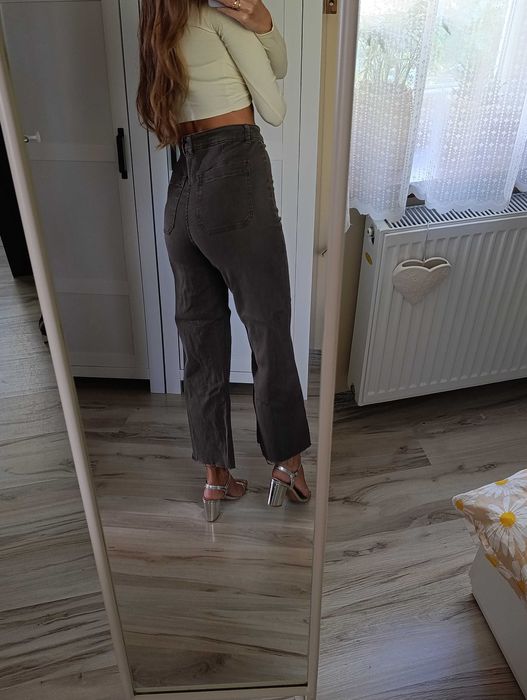 Spodnie brązowe 7/8 rozszerzane wysoki stan xs s