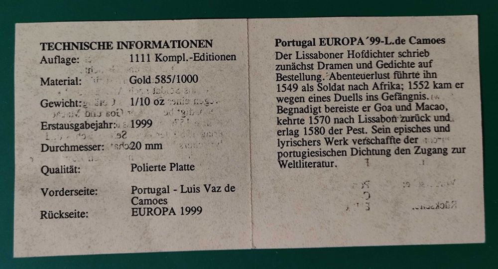 Rara Moeda Medalha Proof de ouro 50 euros - 2.835  gr - 14 K - 1999