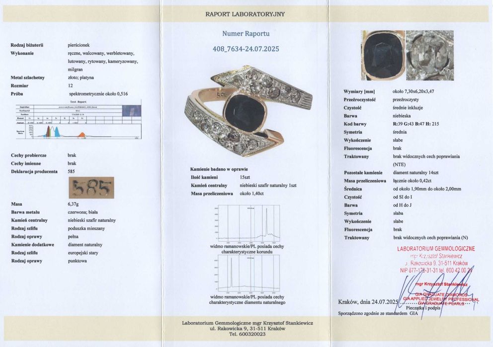 Złoty Pierścionek - NIEPOPRAWIANY SZAFIR I DIAMENTY - 14K - 6,37g - Kraków