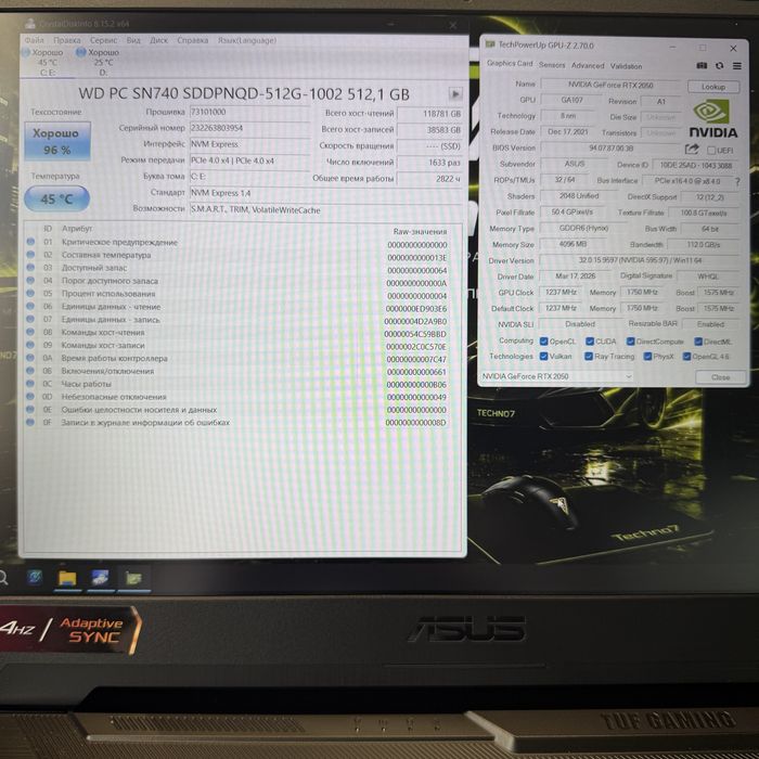 ASUS TUF Gaming F15/15.6 144Гц матовий/Intel Core i5-11400H/DDR4 16G/SSD M2 512G/nVidia RTX2050 4G