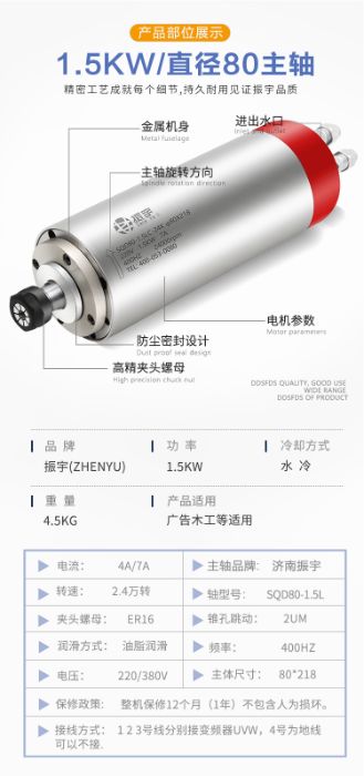 Шпиндель воздух/водяное охлаждение фрезер 1,5 кВт 220В ER16, ЧПУ