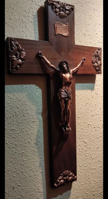 Crucifixo vintage BRONZE e madeira Séc.XIX(19)
