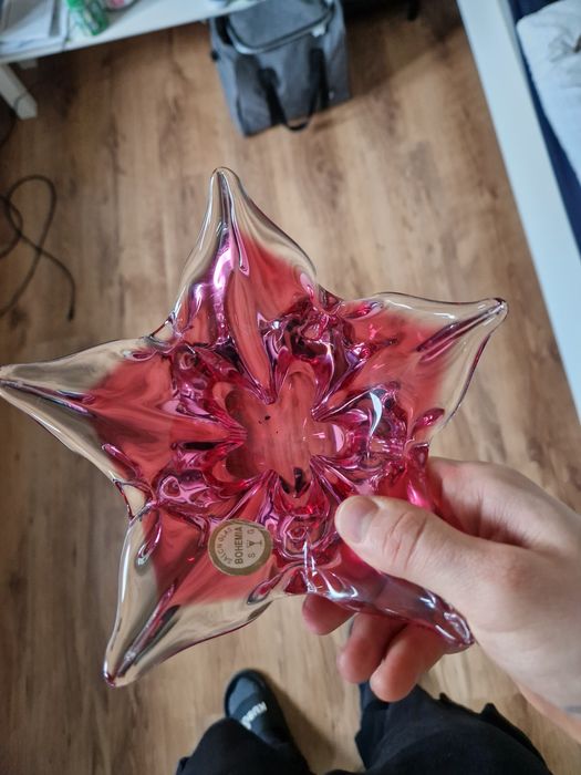 Patera szklana Bohemia Glass – różowa – szkło artystyczne – Czechy