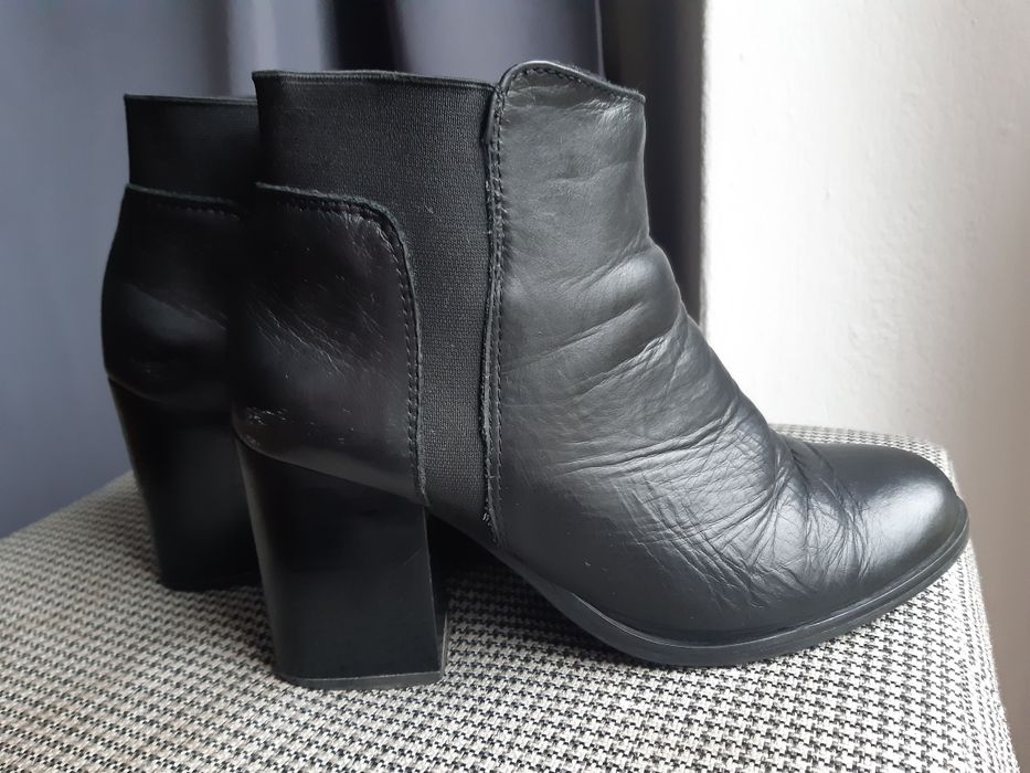Czarne botki skórzane, obcas 8cm, rozm. 37
