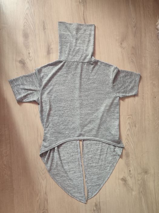 Sweter cienki szary golf z wiązaniem i krótkim rękawem