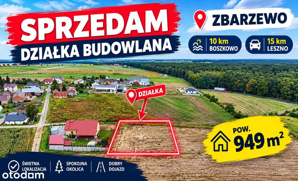 OKAZJA - na sprzedaż - DZIAŁKA o pow. 949 m² - ZBARZEWO - Widok 2