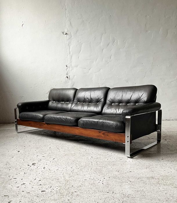 Sofa mid century skóra palisander chrom lata 60 70 vintage design