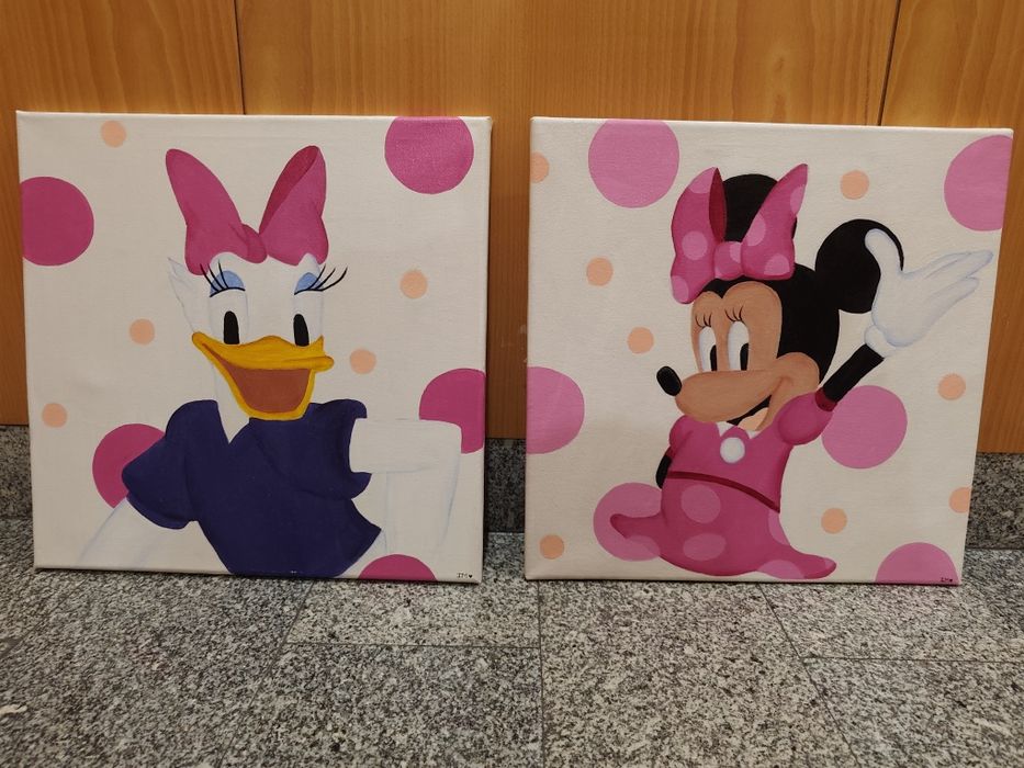 Par de Quadros Pintados à Mão - Minnie e Margarida Disney (40x40 cm)