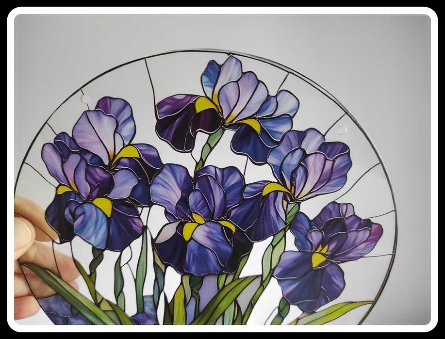 Nowy witraż witrażyk dekoracja okienna kwiaty irysy