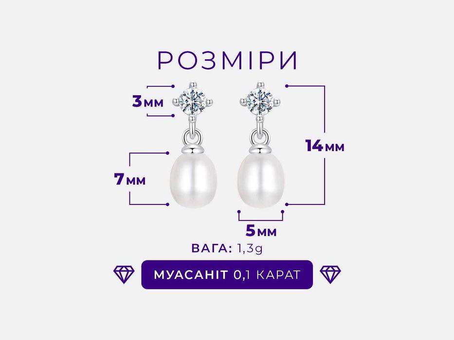 Сережки срібні з перлами, муасанітами та платиновим покриттям. Сертифікат на камені у комплекті. Пусети S925 (оригінальне срібло)