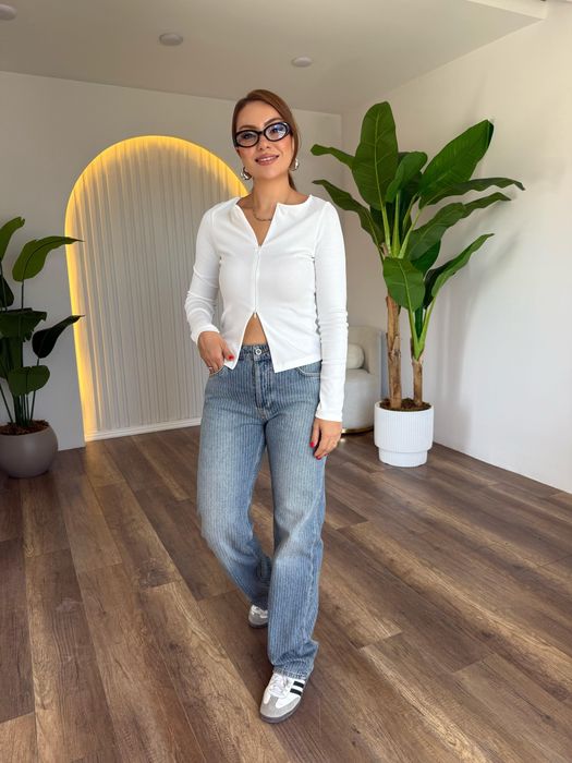 Білий приталений лонг лонгслів кофта на блискавці, лонг на замочку