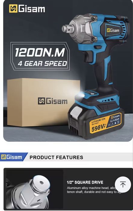 Gismo 1200N.M Torque Brushless Chave de impacto elétrica 1/2 polegada Chave de fenda sem fio Ferramenta elétrica para Makita 18V Bateria Pin